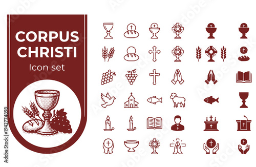 Corpus Christi Icon Set Eucharist Holy Communion Golden Chalice Wine Bread Grapes Christian Faith Sacrament Vector Illustration