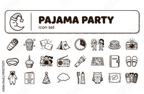 Pajama Party Icon Set Whimsy Doodle Party Invitations Sleepover Fun Celebration Nightwear Slumber Party Kids Party Vector Illustration