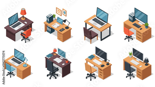 Isometric office desks: modern workspace setups with laptops and accessories