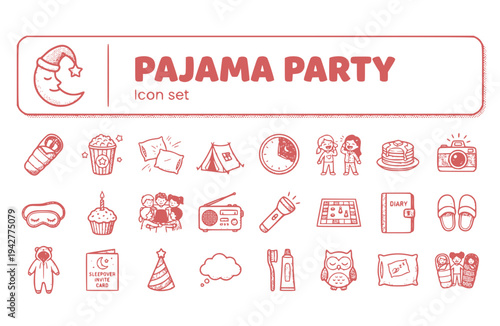 Pajama Party Icon Set Whimsy Doodle Party Invitations Sleepover Fun Celebration Nightwear Slumber Party Kids Party Vector Illustration