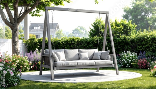 A serene outdoor scene shows a wooden swing sofa on a stone patio, surrounded by lush greenery, flowers, and a home in the background