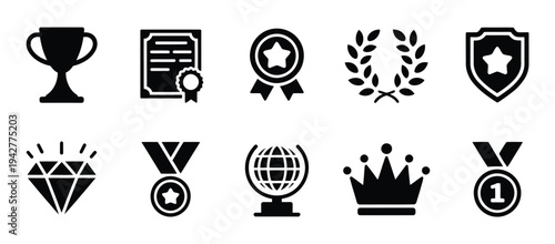 Award trophy cup icon set, showcasing winning icons including trophy cups, medals, and achievement symbols for competitions, sports events, and success themed vector illustrations.