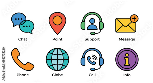 Colorful communication icons representing various support and contact methods