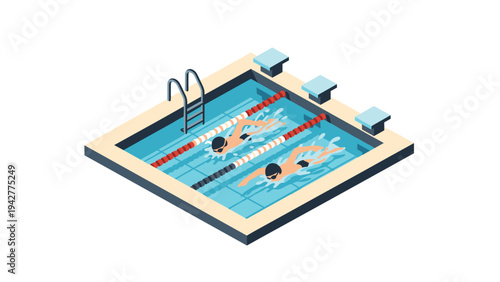 Isometric swimming pool with swimmers in action