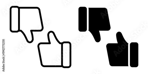 Vector isolated Like and Dislike Hand icon set in black outline and fill