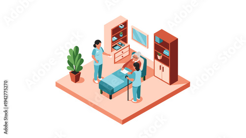 Isometric healthcare scene with medical staff assisting elderly patient in modern clinic room