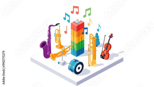 Isometric music festival scene with colorful instruments and notes in 3d design