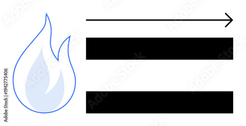 Blue flame on left with horizontal arrow and black bars on right, symbolizing energy flow or process steps. Ideal for energy, transformation, efficiency, progress, innovation, instruction