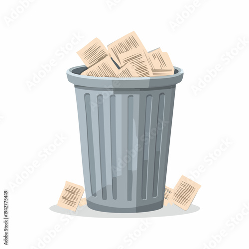 Overflowing trash can with crumpled papers on white background
