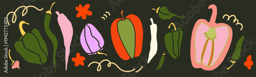 Decorative vegetable composition with peppers, onion and herbs on dark background. Modern flat vector illustration with colorful food elements for posters, packaging and kitchen decor.