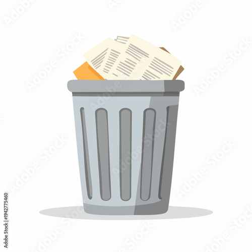 Overflowing trash can with discarded papers on white background