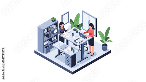 Modern office workspace with plants and colleagues in isometric design