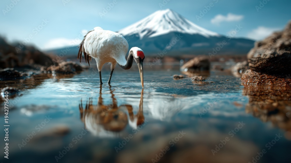 Naklejka premium An elegant crane wading through calm waters with a majestic mountain in the background, capturing the beauty of nature in a tranquil and serene setting.