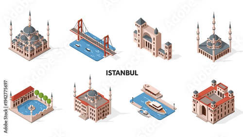 Isometric istanbul landmarks with mosques, bridge, and boats