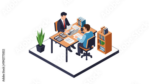 Isometric office meeting scene with two businessmen in modern workspace