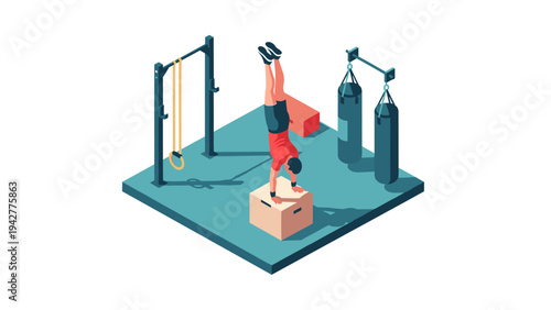 Dynamic fitness routine with handstand in isometric gym setting