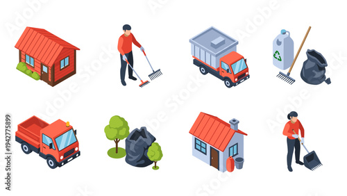 Isometric building and waste management icons set featuring recycle and maintenance themes