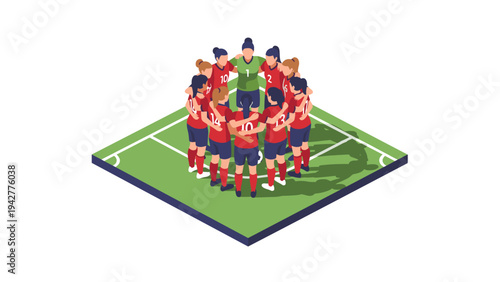Isometric soccer team huddle on field - unity and strategy in team sports