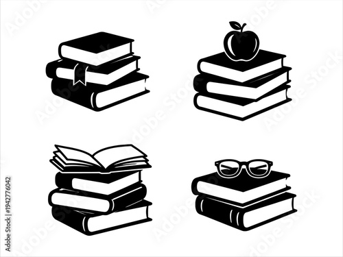 Stylized monochrome book stack icons symbolizing learning, education, and academic knowledge pursuit