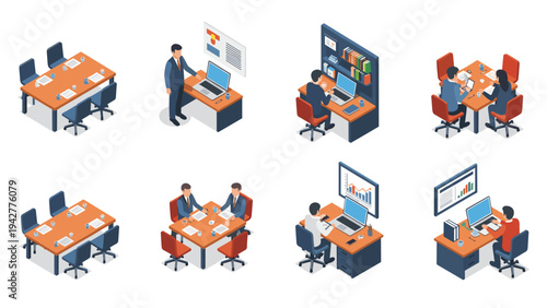 Isometric office scenes: business meetings, teamwork, and workspace concepts