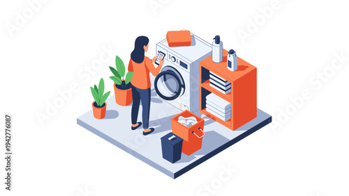 Isometric laundry room scene with modern appliances and houseplants