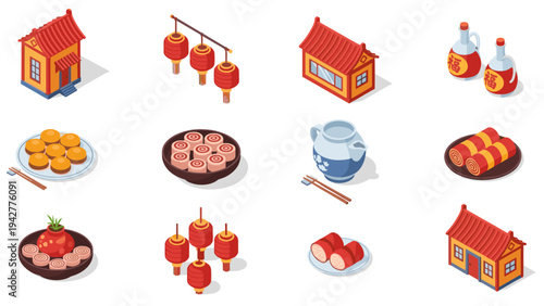 Charming asian cuisine elements and lanterns in isometric style