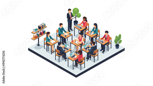 Isometric classroom: diverse students engaged in group learning and collaboration