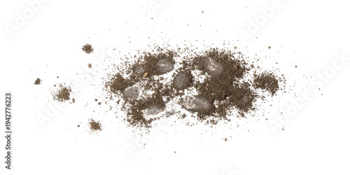 A small pile of dark brown soil and dirt isolated on a white background from a top-down perspective.