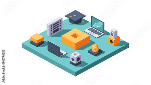 Isometric online learning and technology hub with laptops and graduation cap