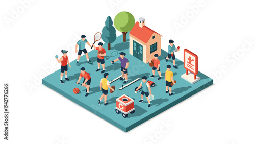 Isometric park scene with active kids engaging in a variety of outdoor sports activities