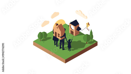 Family playing outside with kite in isometric landscape