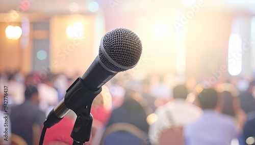 Close-up of a microphone with blurry audience in a lit conference hall