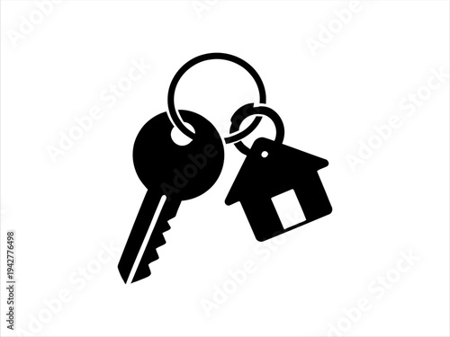 Monochromatic illustration of a key and house on a ring, denoting new home ownership, property access, and security