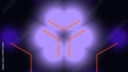Abstract illustration of glowing purple molecules with orange geometric accents and dark background