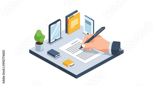 Isometric office workspace with hand writing on paper and digital devices