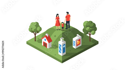 Family enjoying nature with sustainable energy in isometric landscape