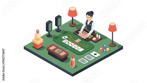Isometric casino table with dealer and game elements in modern design