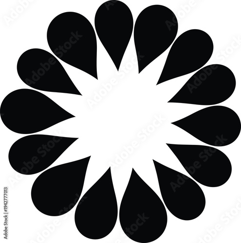 Black flower shape with teardrop petals on white background