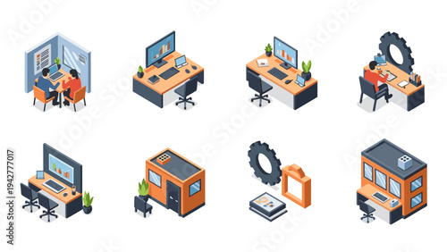 Modern isometric office setups and workspaces with computer desks and accessories