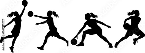 women basketball player jumping shoot postures silhouette black shapes