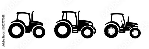 Set of three black tractor icons on a white background