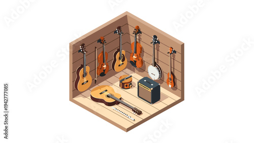 Isometric music room with guitars and amplifier in wooden corner setup