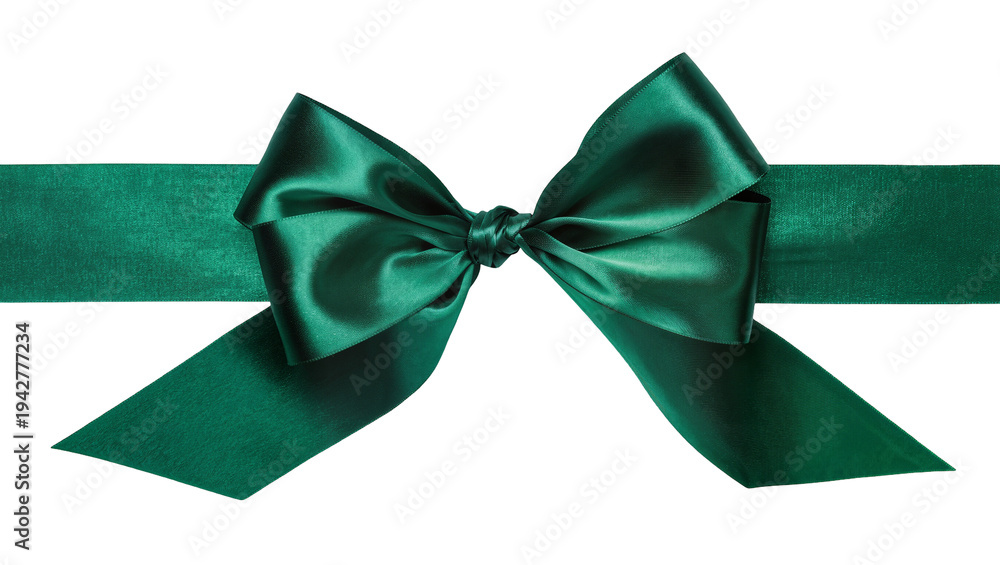Fototapeta premium Isolated emerald green ribbon bow for gift or decoration, luxurious silk satin wrap band