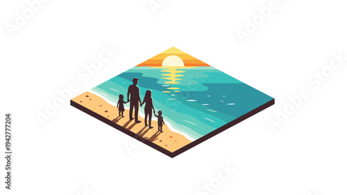 Isometric family at sunset on beach with ocean waves