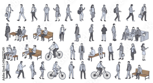 Diverse Human Scale Figures with Flat Color Outlines for Professional Renders