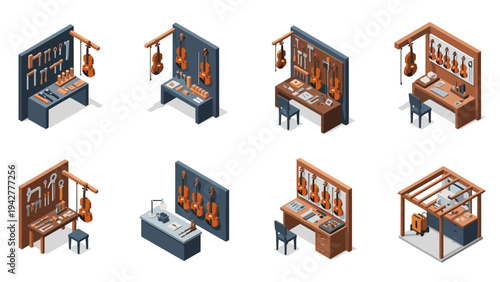 Isometric guitar workshop with tools and desks