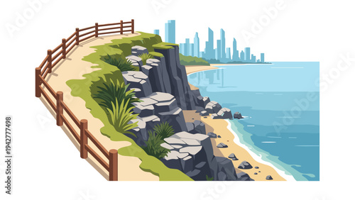 Coastal pathway overlooking city with ocean waves and rock formations