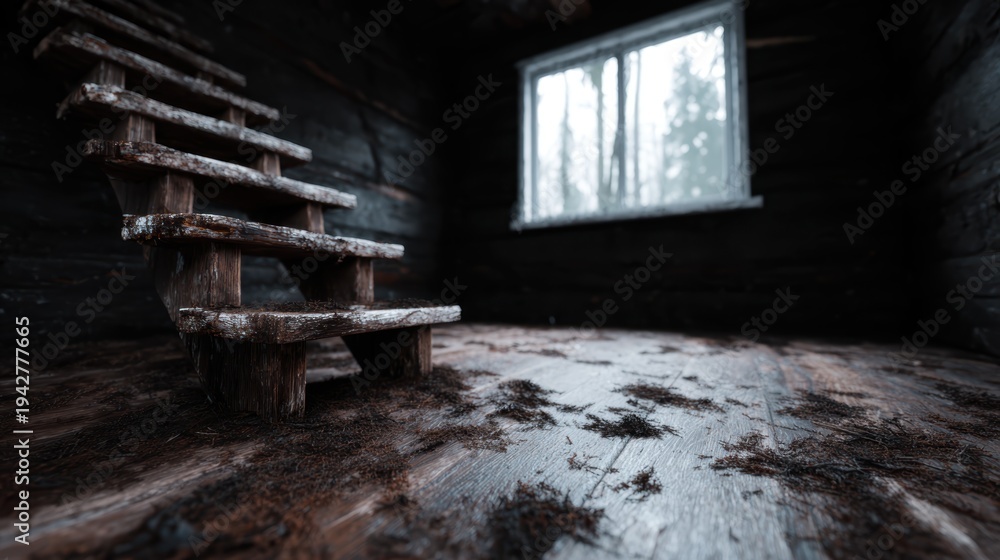 Obraz premium An eerie and atmospheric interior of an abandoned house featuring a rustic wooden staircase, evoking feelings of nostalgia and mystery in a quiet, secluded space.