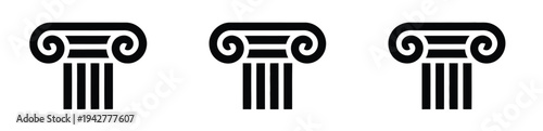 Black column icons set, showcasing ancient architectural columns in clean vector silhouettes for classical design, historical illustrations, and architectural themed graphics.