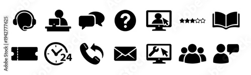 Customer Service Support Icons Set – Help Desk, Live Chat, Email, Ticket System, FAQ, 24/7 Support, Knowledge Base, Community Forum